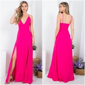 FUCHSIA SPAGHETTI STRAP WITH BACK ZIP CLOSURE DOUBLE SLIT MAXI DRESS